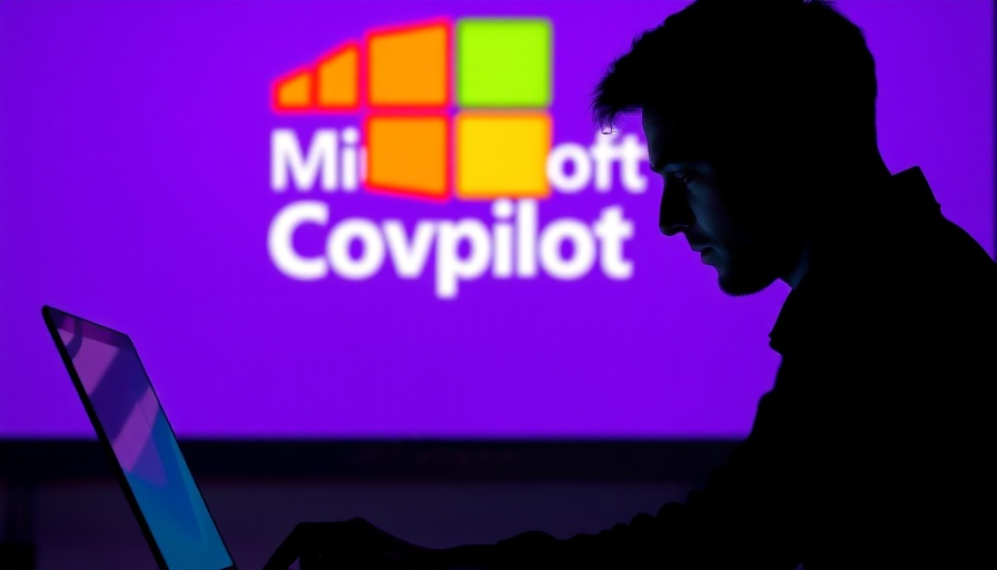 Silhouette with laptop and Microsoft Copilot logo, vibrant background.