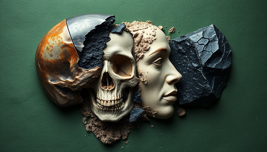 Surreal artwork of skull and volcanic glass, green background.