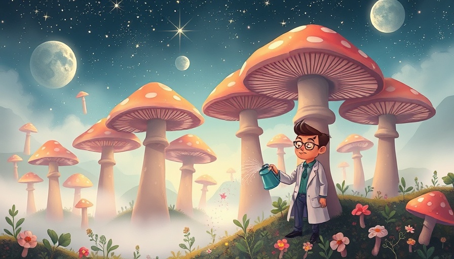 Cartoon scientist watering giant mushrooms in a mystical landscape.