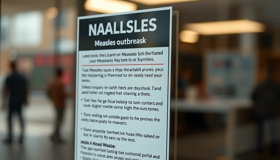 Measles outbreak response poster with symptoms list, blurred background.