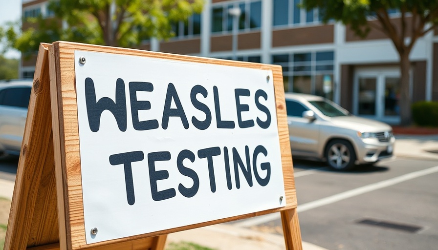 Sign for measles testing with vehicles and building background.