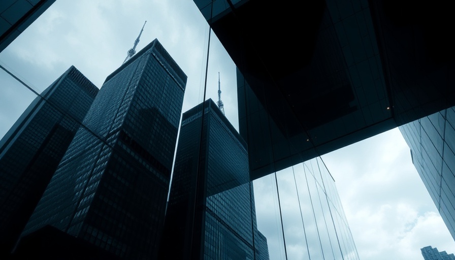 Urban skyscraper reflection on glass facade, eliminate biotech zombies.