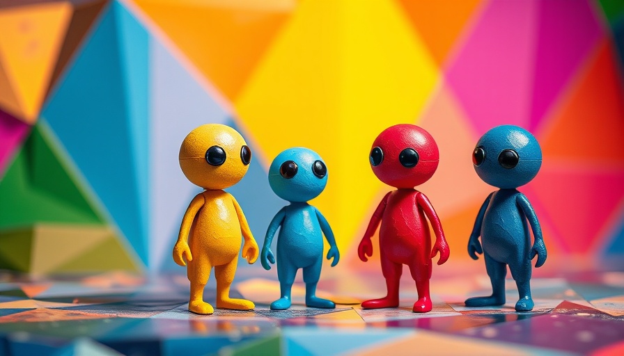 Colorful abstract figures in vibrant geometric cartoon background.