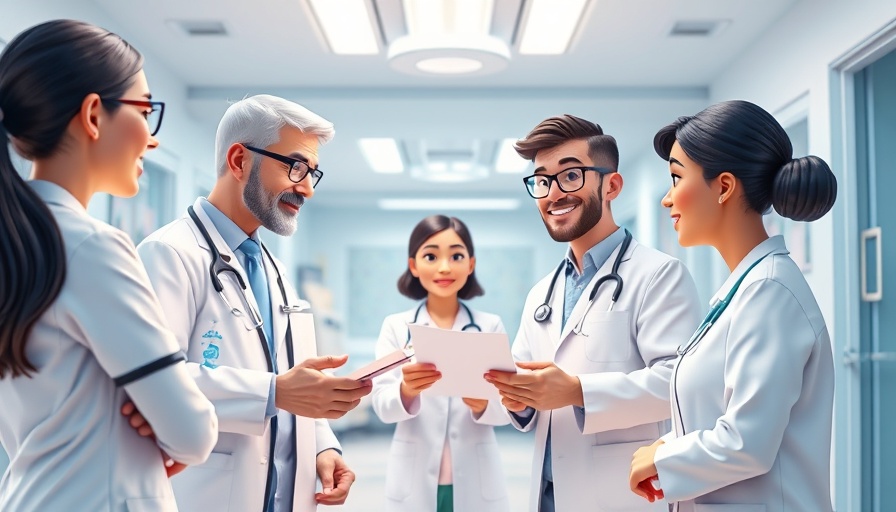 Healthcare professionals discussing NHS 10 Year Health Plan in a cartoon hospital.
