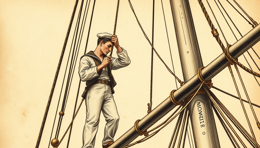 Historical illustration of sailor on ship mast, British Navy Lightning Rod Resistance.