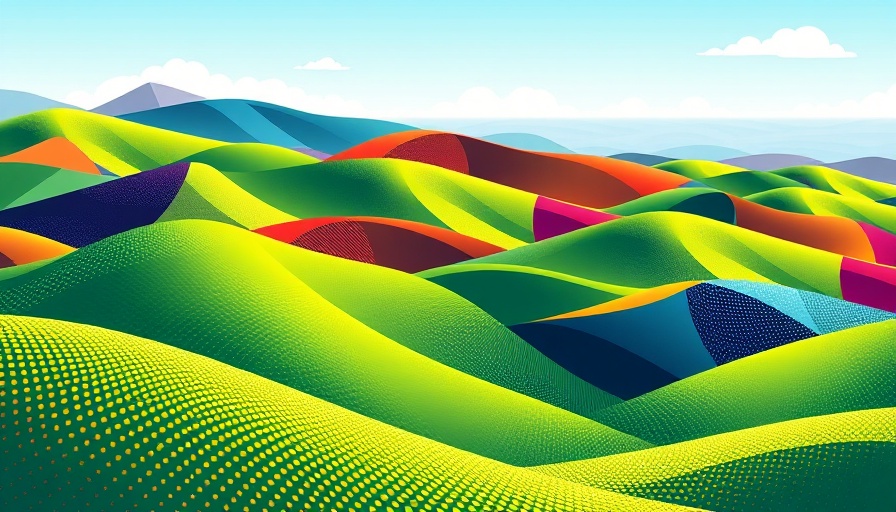 Abstract landscape illustration with colorful rolling hills