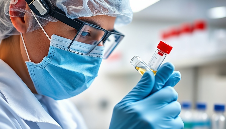 Focused scientist with vial in AI drug manufacturing lab.