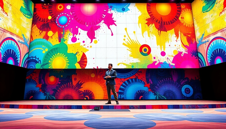 Speaker at ViVE conference with abstract mural background.