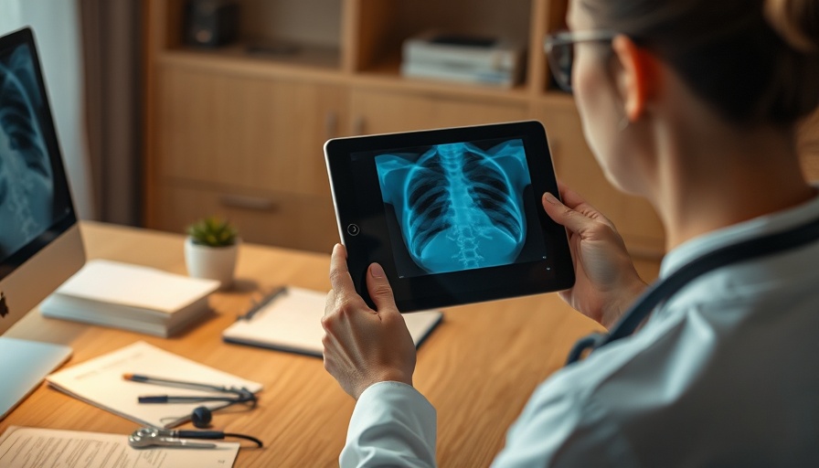AI in Radiology Diagnostics: Tablet showing X-ray with stethoscope.