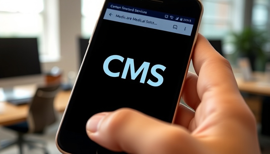Smartphone displaying CMS logo in front of CMS website.