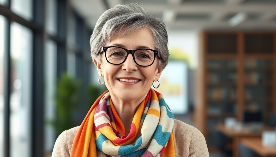 Confident mature woman posing in modern office, illustrating generative AI in healthcare.