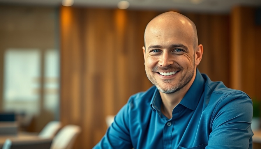 Friendly bald man in office, healthcare data management setting