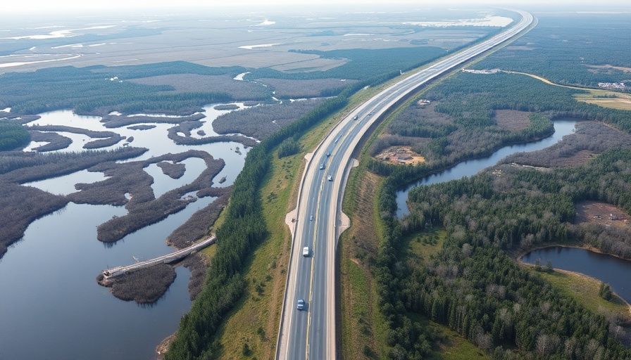 Aerial highway through wetlands illustrating rural-urban divide.