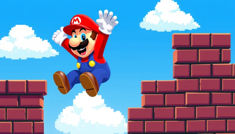Pixelated Super Mario jumps over retro game elements, AI benchmarking with Super Mario