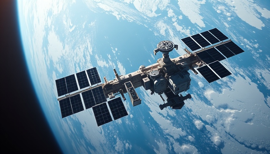 Space station orbiting Earth with view of solar panels and planet.