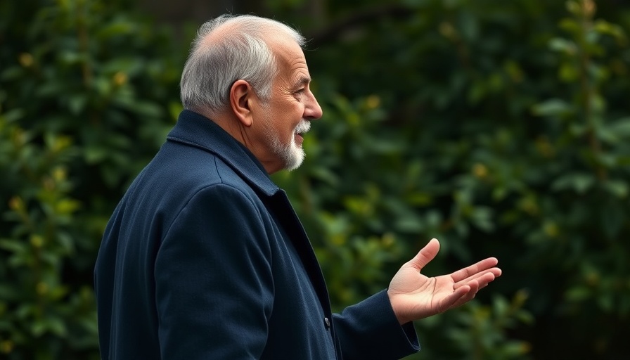 Profile of a man gesturing outdoors.
