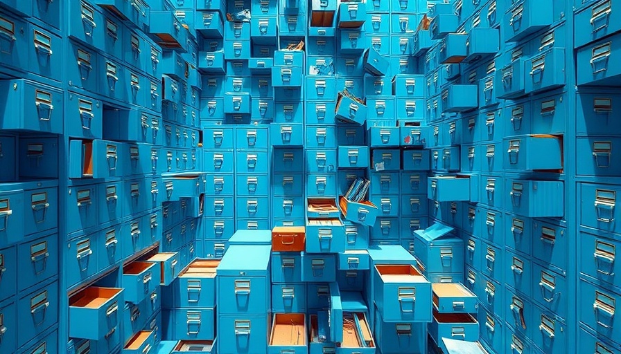 Vibrant blue filing cabinets with open drawers representing unstructured data agents.
