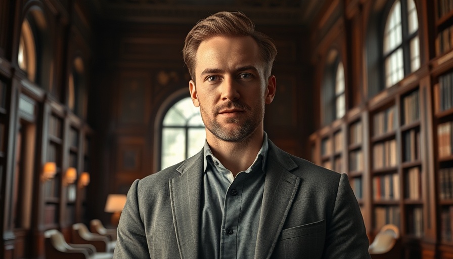 Confident man standing in richly decorated library room