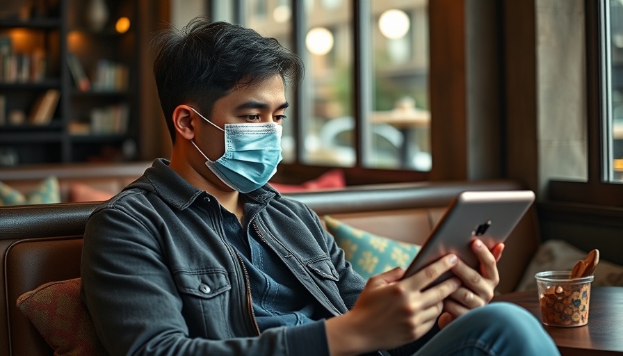 Masked man video calling in a cafe, hinting at AI avatars in healthcare.