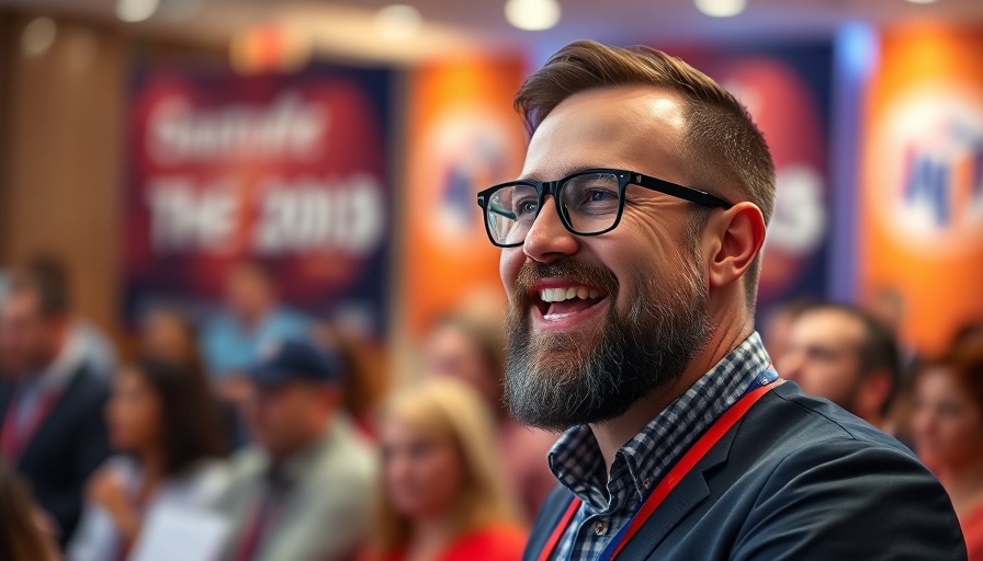 Smiling man discussing third-party risk management at healthcare conference.