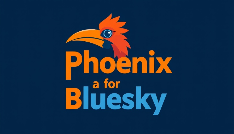 Stylized graphic of Phoenix for Bluesky app with dark background.