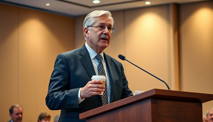 A man discussing research funding cuts in healthcare at a conference.