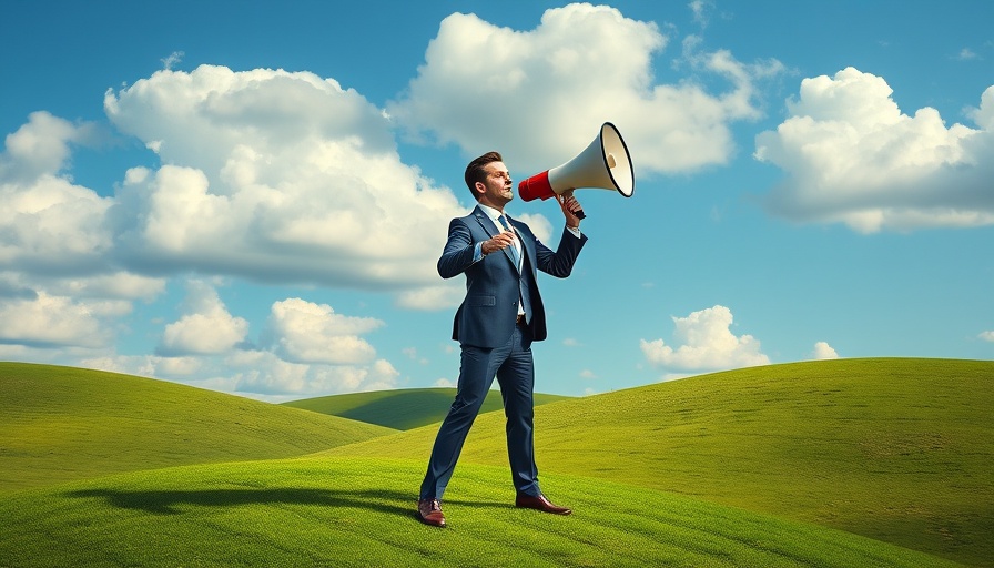 Illustration of a man making HIMSS Announcements with a huge megaphone on a hill