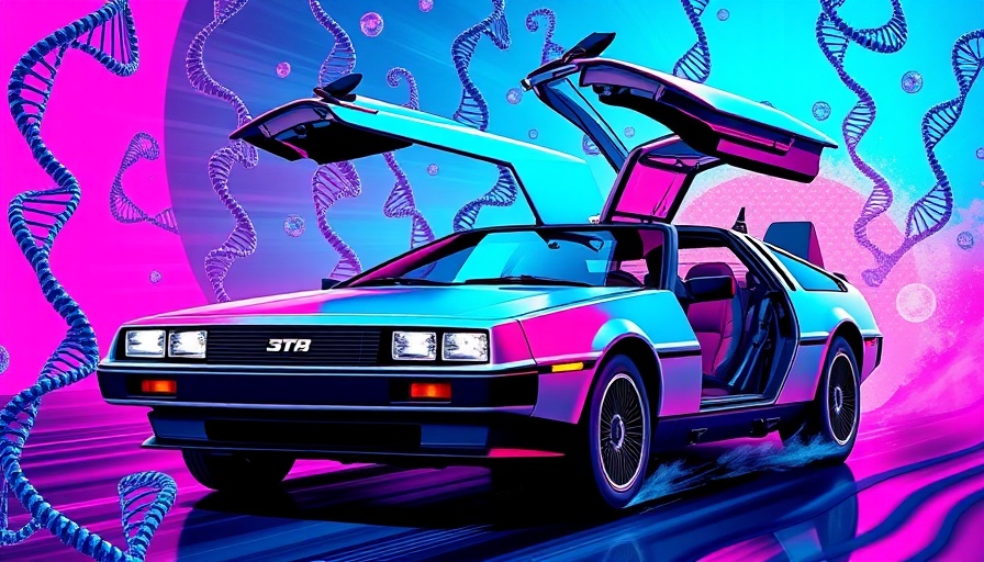 Futuristic car in pop art style with DNA patterns, neon hues.