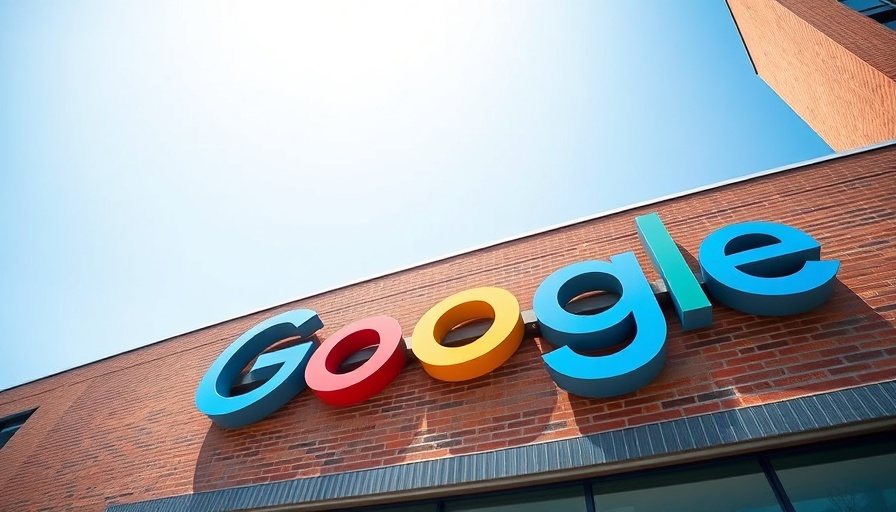 Google logo on building with blue sky background.