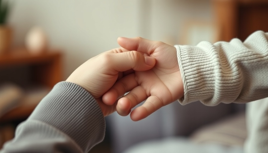 Tender image of parent holding child's hand, care and comfort.
