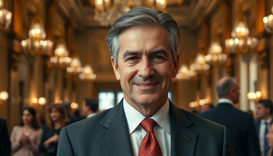 Distinguished man in formal suit in grand hall with ornate decor