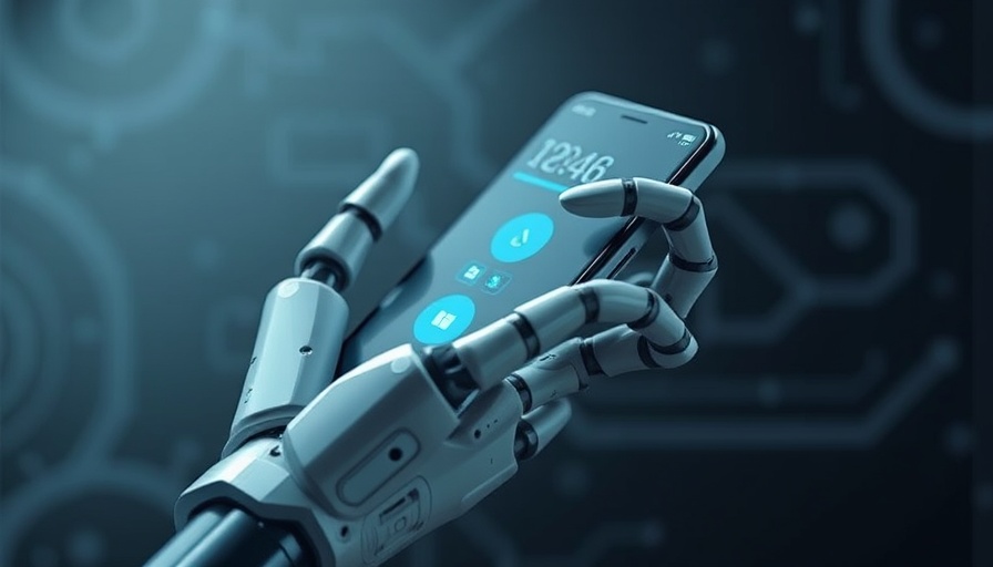 Sleek robotic hand with smartphone showcasing AI technology performance.