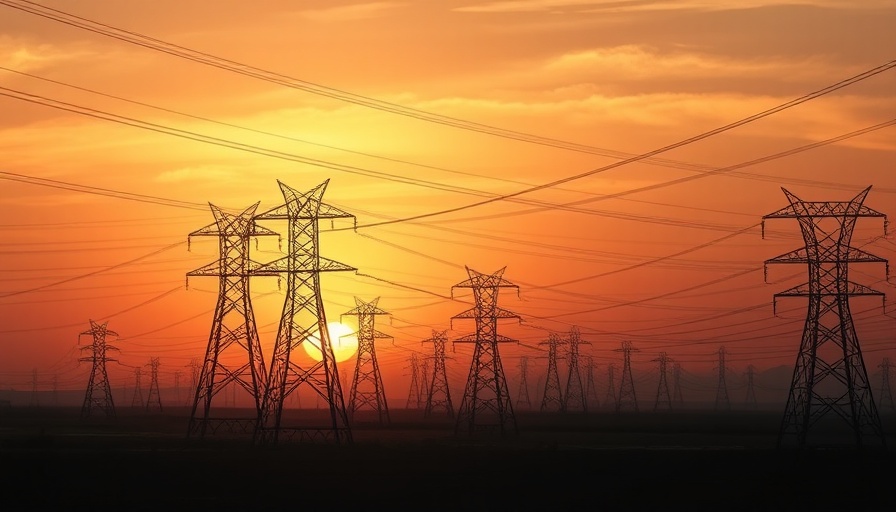 Silhouetted power grid against sunset, AI in power grid concept.