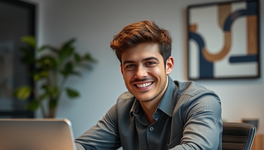 Confident man smiling at desk, office environment, focused lighting.