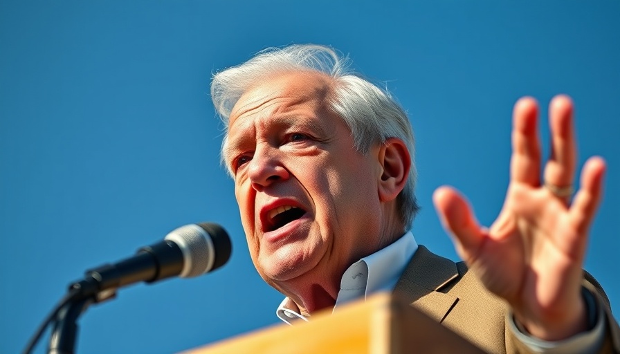 Elderly man discussing safety concerns at outdoor podium.