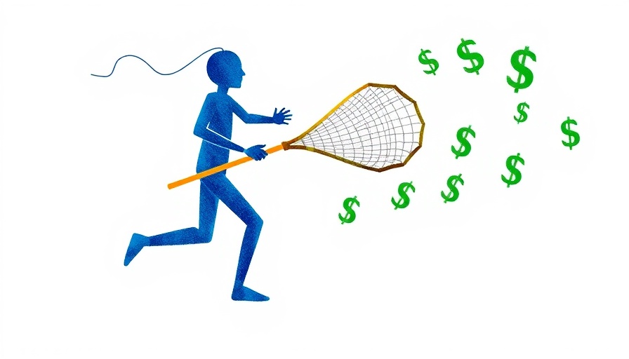 Minimalistic art of figure chasing dollar symbols, startups funding.