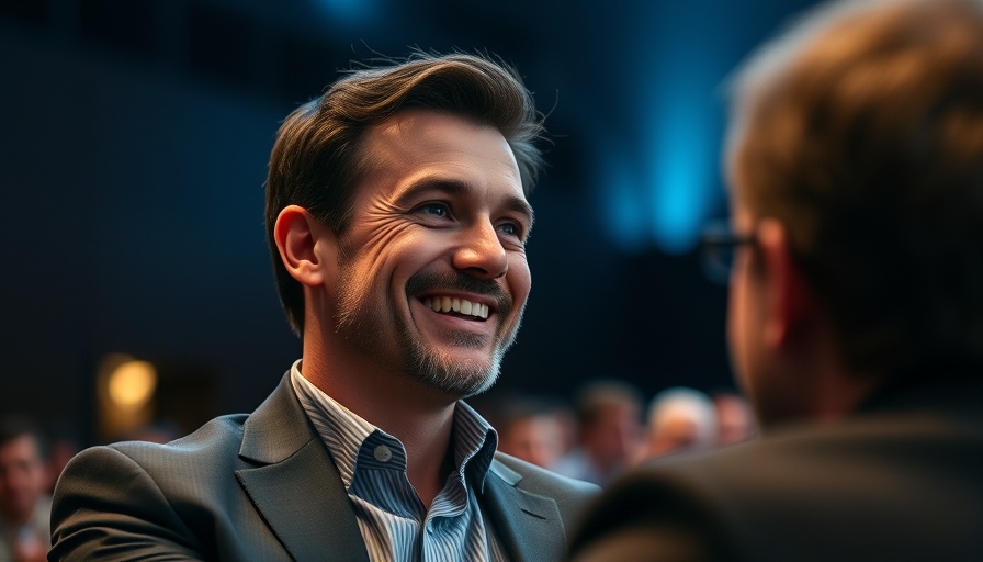 Businessman smiling at a conference about autonomous ride-sharing product.