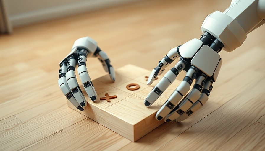 Gemini Robotics hands playing tic-tac-toe on wooden table.
