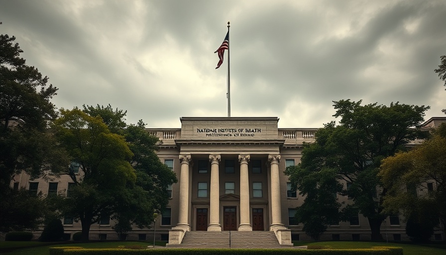 NIH building with flag at half-mast symbolizing staff cuts.