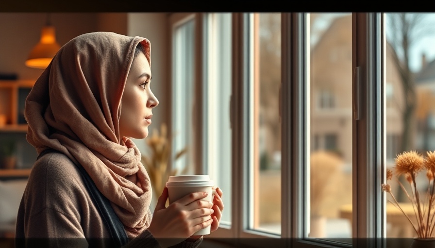 Woman in headscarf looking out window, related to scalp cooling therapy.