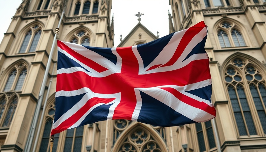 Dynamic British flag in front of Gothic architecture symbolizing U.K. drugmaker higher rebates.