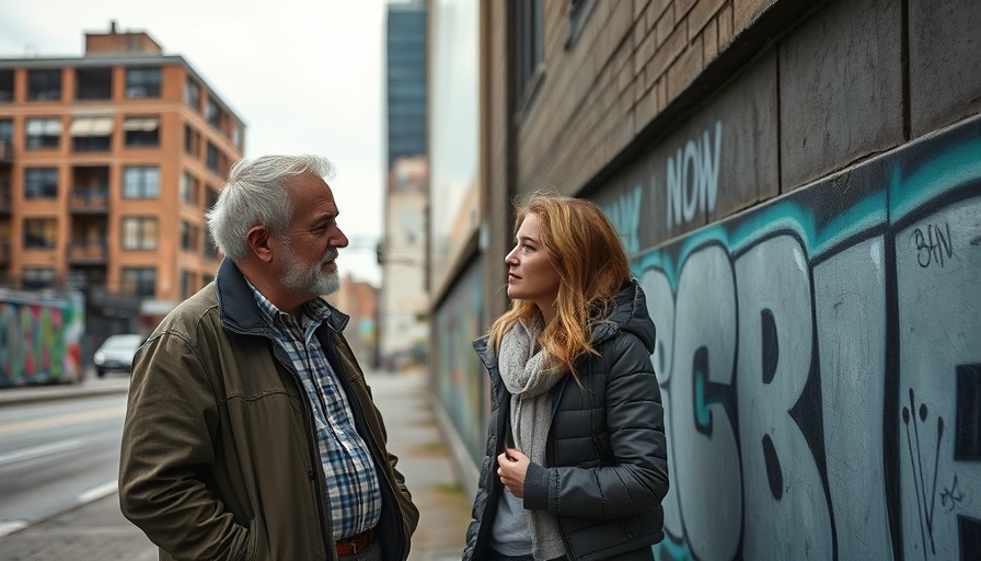 Middle-aged man and younger woman discussing by graffiti wall.