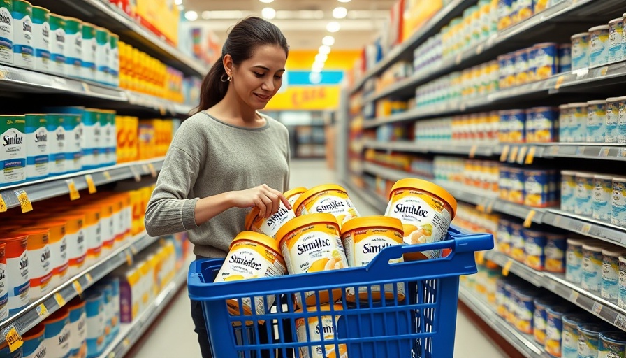 Shopper arranging Similac infant formula in basket, store aisle.