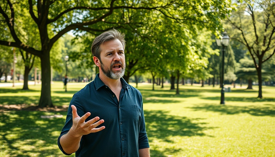 Man discussing in park, highlighting differences in egg farming.