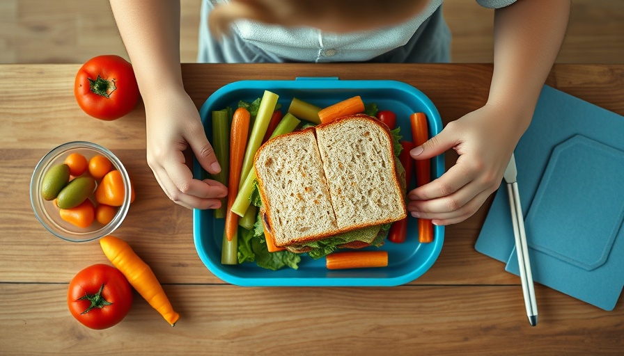 Child prepares a nutritious school lunch with sandwiches and vegetables, photorealistic.