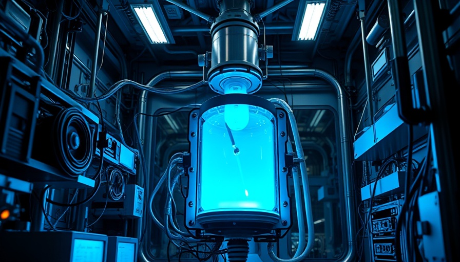 Futuristic energy device with vibrant blue glow in a high-tech lab.