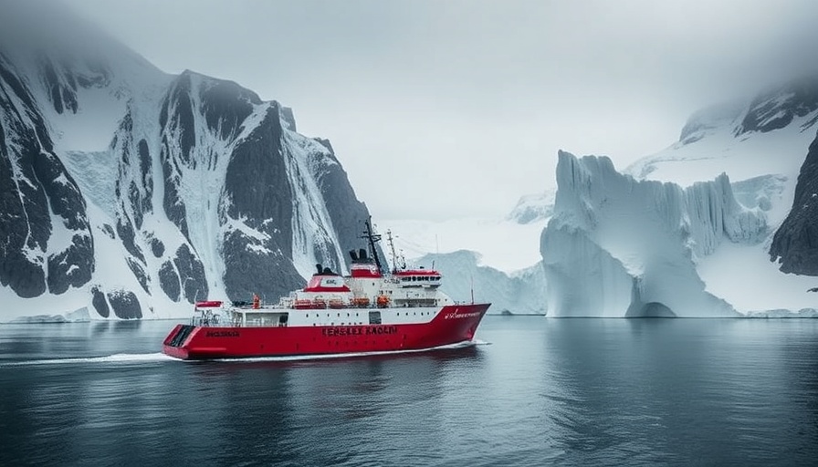 Research icebreaker ship near glacier cliffs for saving the doomsday glacier.