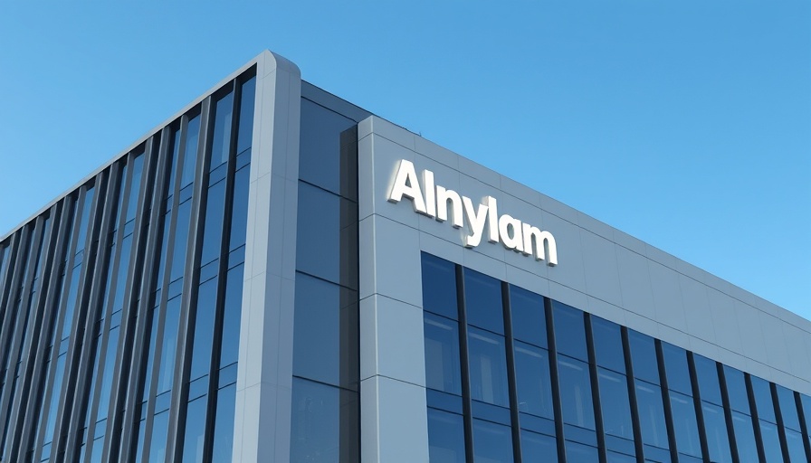 Alnylam corporate office building exterior against blue sky.
