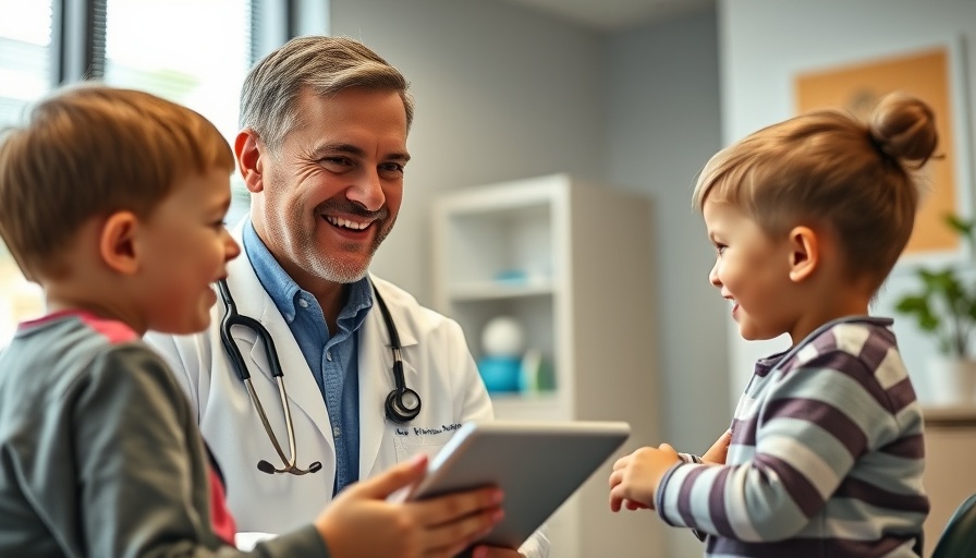 Warm pediatrician using a tablet with parent and child - AI-enabled pediatrics.