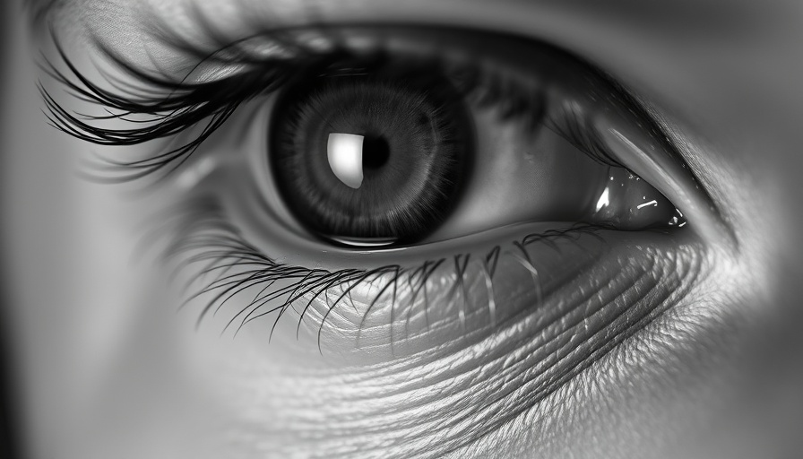 Close-up of a teary eye reflecting light, symbolizing AMD drug research.
